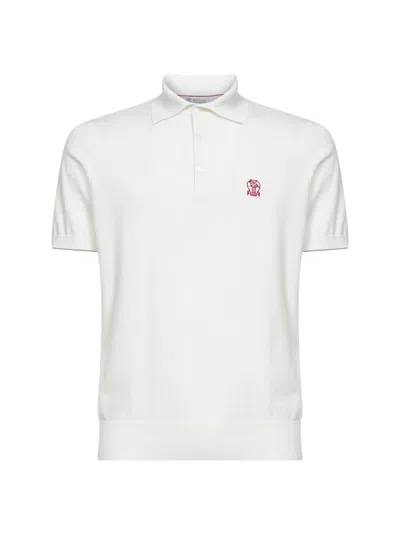 Brunello Cucinelli Men White Lightweight Cotton Knit Logo Polo Shirt