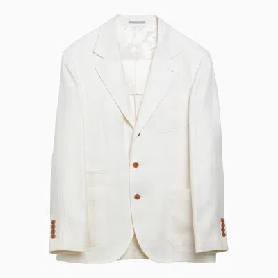 BRUNELLO CUCINELLI MEN'S WHITE LINEN AND WOOL BLEND SINGLE-BREASTED JACKET