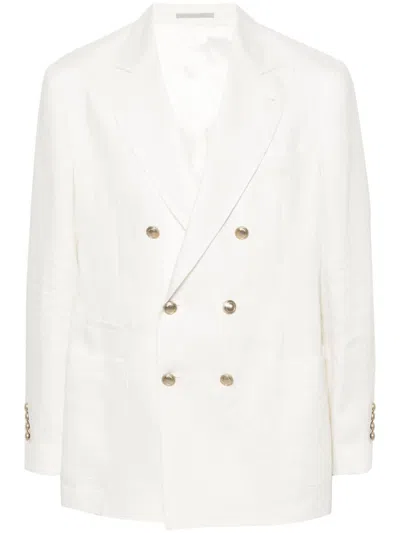 Brunello Cucinelli Men's White Linen Blazer Jacket With Peak Lapels And Double-breasted Button Fastening For Ss24