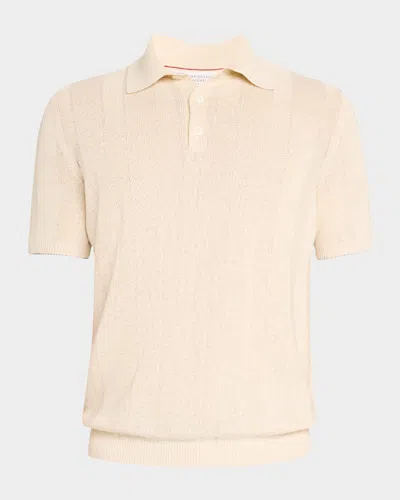 Brunello Cucinelli Men's Wide Rib Linen And Cotton Polo Sweater In Cord