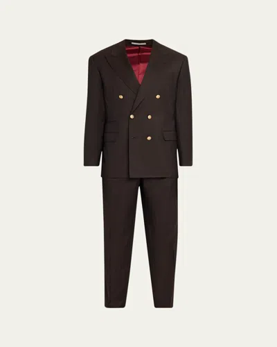Brunello Cucinelli Men's Wool And Cashmere Chevron Double-breasted Suit In Brown