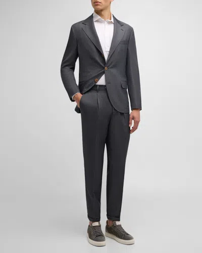 Brunello Cucinelli Men's Wool And Linen Three-button Suit In Dark Grey