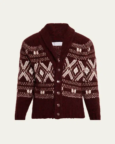 Brunello Cucinelli Men's Wool And Nylon Fair Isle Knit Cardigan In Burgundy