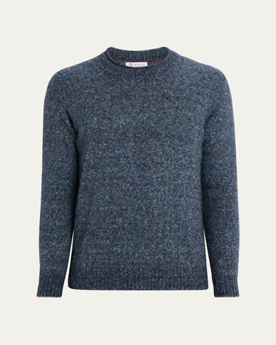 Brunello Cucinelli Men's Wool And Nylon Melange Crewneck Sweater In Blue