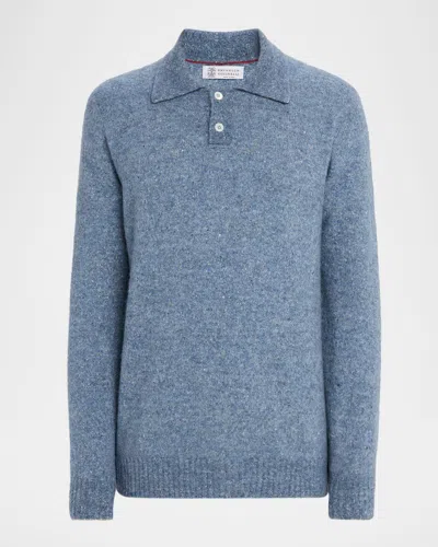 Brunello Cucinelli Men's Wool And Nylon Melange Polo Sweater In Blue