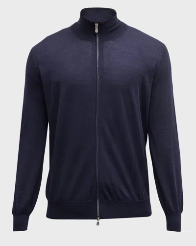 Brunello Cucinelli Men's Wool-cashmere Full-zip Sweater In Navy