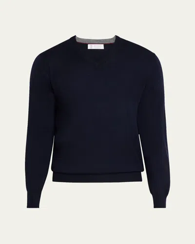 Brunello Cucinelli Men's Wool-cashmere V-neck Sweater In C077a Brown