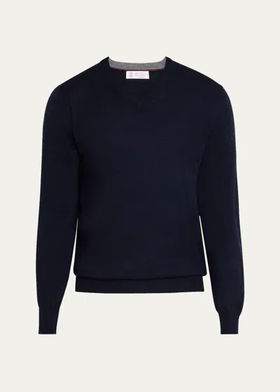 Brunello Cucinelli Men's Wool-cashmere V-neck Sweater In Cw425 Navy