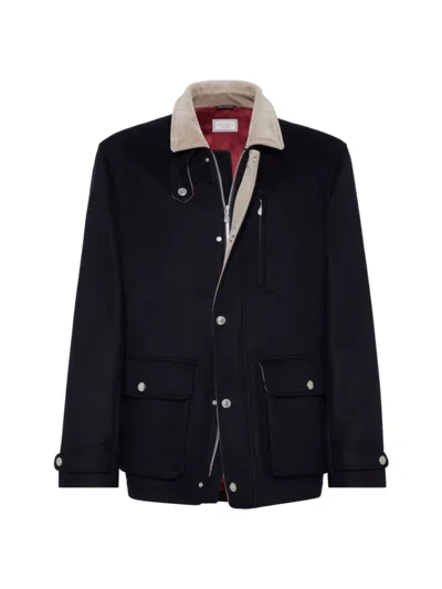 Brunello Cucinelli Outerwear In Beaver Double Wool With Corduroy Inserts In Navy Blue