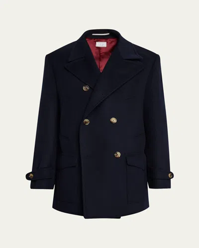 Brunello Cucinelli Men's Wool Double-breasted Maxi-lapel Peacoat In Blue