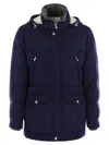 Brunello Cucinelli Men Wool Down Jacket With Detachable Hood In Blue
