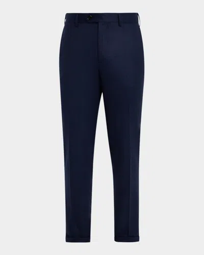 Brunello Cucinelli Men's Wool Flannel Flat-front Pants In Blue