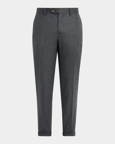 BRUNELLO CUCINELLI MEN'S WOOL FLANNEL FLAT-FRONT PANTS