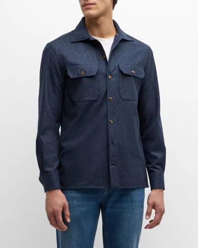 Brunello Cucinelli Men's Wool Flannel Overshirt In Blue