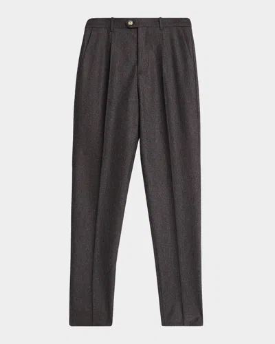 BRUNELLO CUCINELLI MEN'S WOOL FLANNEL SINGLE-PLEATED PANTS
