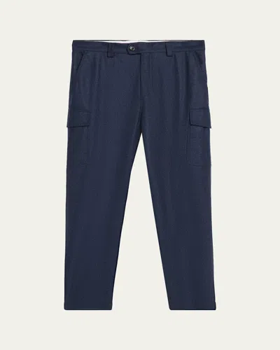 Brunello Cucinelli Men's Wool Flannel Tapered Leg Cargo Pants In Blue