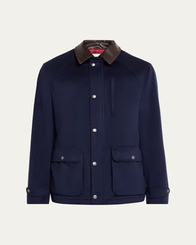 Brunello Cucinelli Snap-front Stand-collar Coat In Blue