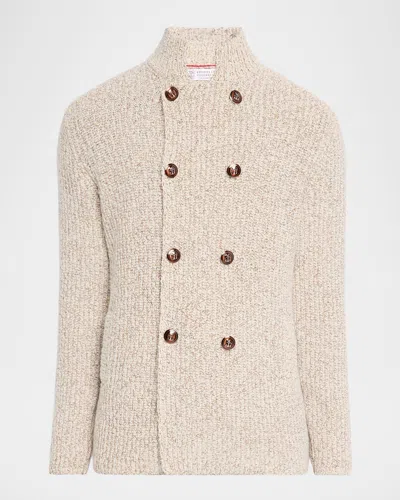 Brunello Cucinelli Men's Wool, Silk, And Cashmere Double-breasted Cardigan In Neutral