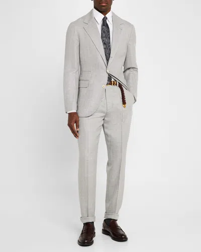 Brunello Cucinelli Men's Wool, Silk And Linen Chevron Two-piece Suit In Medium Grey