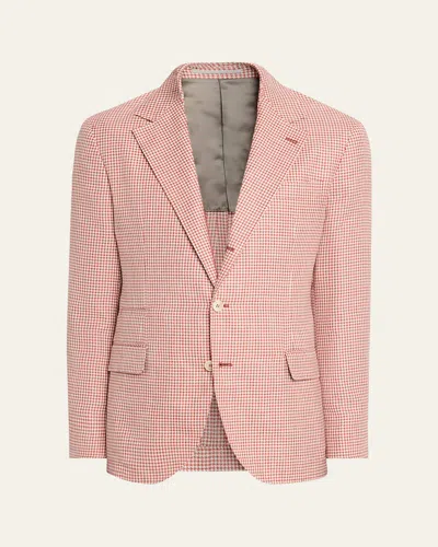 Brunello Cucinelli Men's Wool, Silk And Linen Houndstooth Sport Coat In Pink