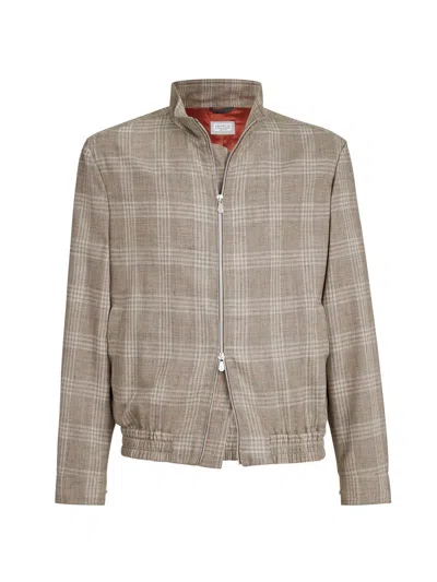 Brunello Cucinelli Tartan Stand Collar Jacket In Brown