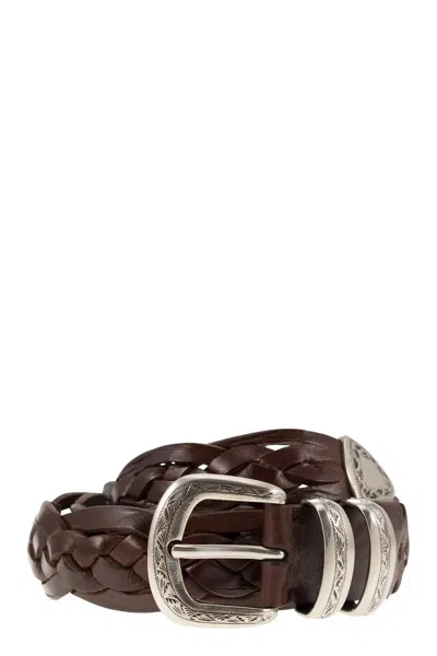 Brunello Cucinelli Men's Woven Calfskin Belt With Detailed Buckle And Tip In Tobacco