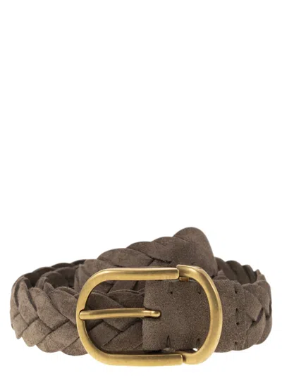 Brunello Cucinelli Men Woven Suede Belt With Rounded Buckle And Metal Loop In Multi