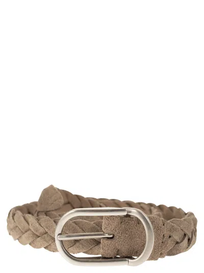 Brunello Cucinelli Men Woven Suede Belt With Rounded Buckle And Metal Loop In Brown