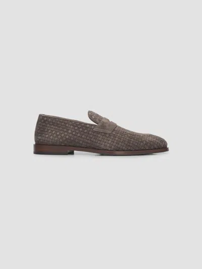 Brunello Cucinelli Woven Suede Penny Loafers In Gray