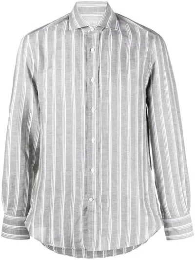 Brunello Cucinelli Striped Spread-collar Shirt In Green