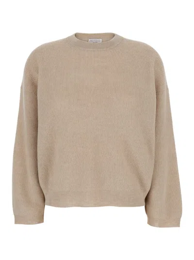 BRUNELLO CUCINELLI GREY CREWNECK SWEATER WITH DROPPED SHOULDERS IN WOOL AND COTTON BLEND WOMAN