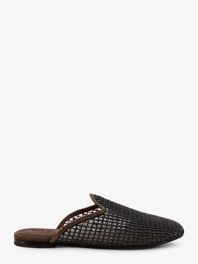 Brunello Cucinelli Mesh And Suede Sandals With Monili Details In Brown