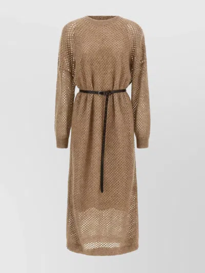 Brunello Cucinelli 'mesh Knit Belted Waist Dress' In Brown
