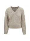 Brunello Cucinelli Oversized Cable-knit Sweater With V-neckline In Biondo+stracciatella