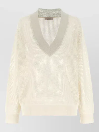 Brunello Cucinelli Mesh Knit V Neck Long Sleeve Sweater In Neutral