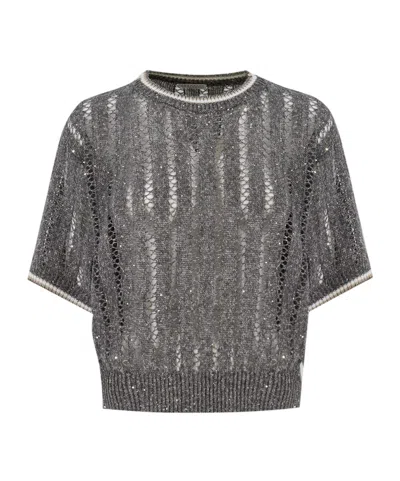 Brunello Cucinelli Mesh Round-neck Sweater In Gray