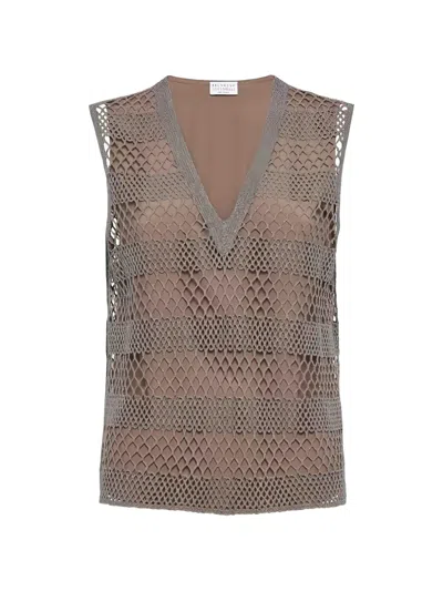 Brunello Cucinelli Mesh Sleeveless Top In Brown