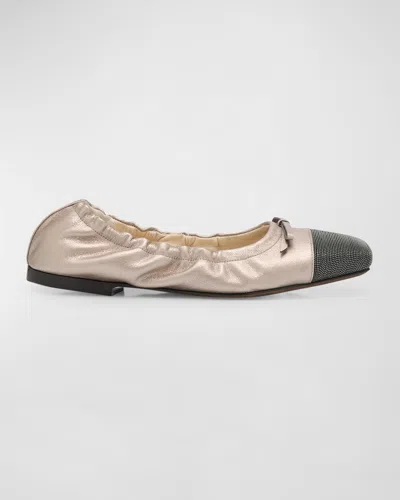 Brunello Cucinelli Metallic Cap-toe Ballerina Flats In C9104 Pearl