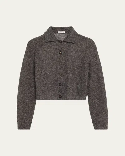 Brunello Cucinelli Metallic Cashmere Collared Cardigan In Gray