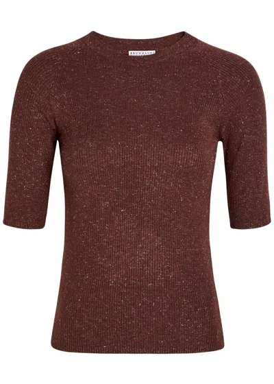 Brunello Cucinelli Metallic Cashmere-blend Top In Brown