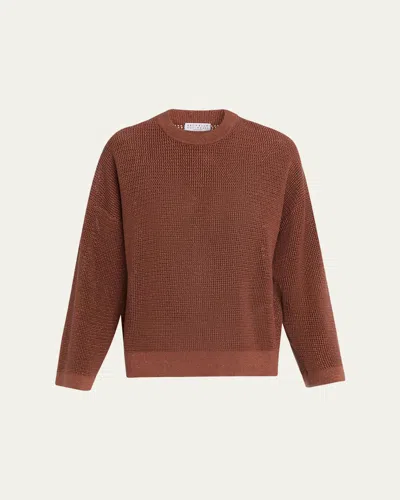 Brunello Cucinelli Metallic Cotton Diamond Stitch Crewneck Sweater In Fire Brick