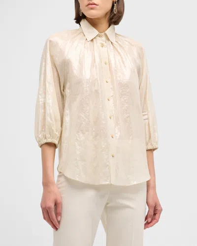 Brunello Cucinelli Metallic Cotton Gauze 3/4-sleeve Blouse With Monili Epaulet In Neutral