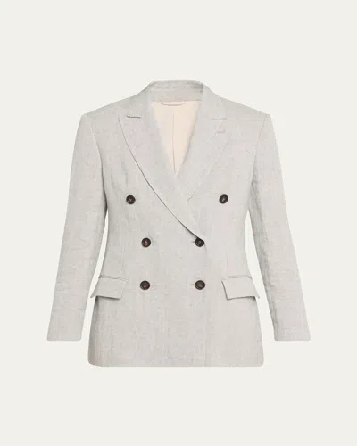 Brunello Cucinelli Metallic Cotton-linen Canvas Double-breasted Blazer In Light Grey
