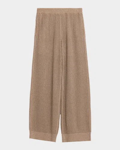 Brunello Cucinelli Metallic Cotton Rib Wide-leg Pull-on Trousers In Brown