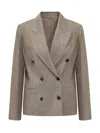 Brunello Cucinelli Metallic Double-breasted Jacket With Peak Revers In Linen Blend Woman In Brown