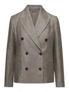 Brunello Cucinelli Metallic Double-breasted Jacket With Peak Revers In Linen Blend Woman