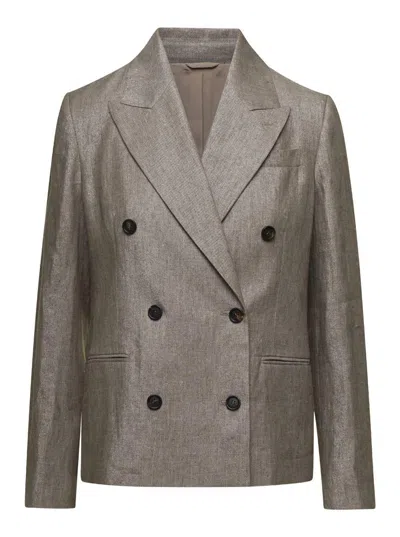 Brunello Cucinelli Metallic Double-breasted Jacket With Peak Revers In Linen Blend Woman