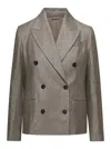 Brunello Cucinelli Metallic Double-breasted Jacket With Peak Revers In Linen Blend Woman In Gray