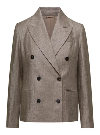 Brunello Cucinelli Metallic Double-breasted Jacket With Peak Revers In Linen Blend Woman In Grey