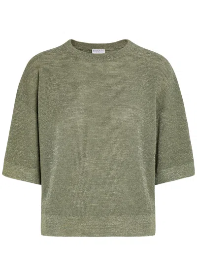 Brunello Cucinelli Metallic Fine-knit Sweater Top In Green